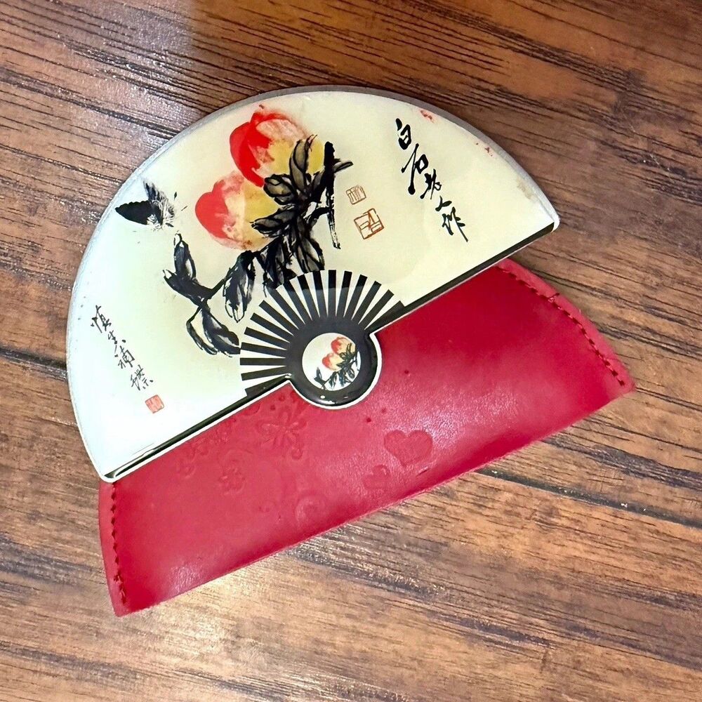 Vintage Chinese metal decorative half-fan souvenir with read leather pouch, X4